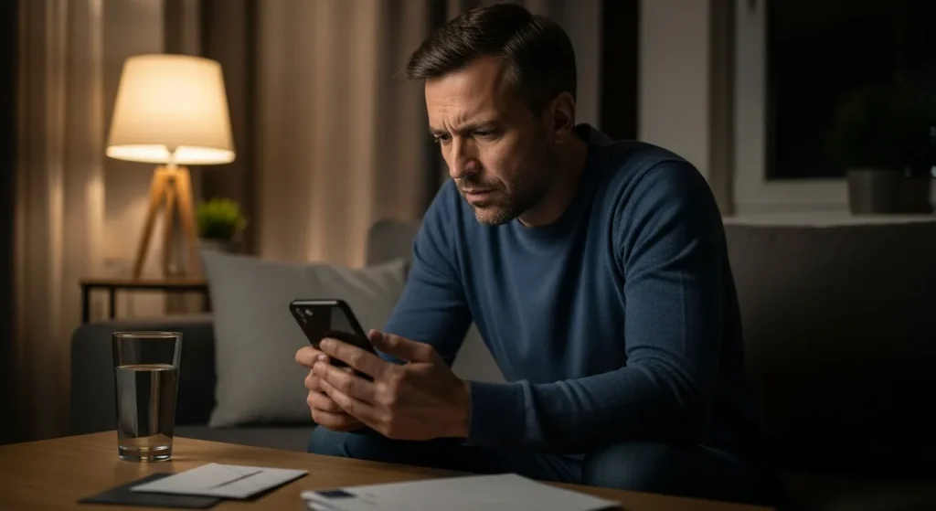 Homme soucieux consultant son smartphone tard le soir, illustrant l'hésitation et le retard à demander de l'aide face au stress.