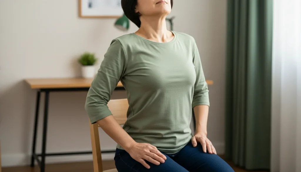 Femme assise effectuant un exercice de haussement d'épaules (contraction-relâchement) pour libérer les tensions des trapèzes et du haut du dos