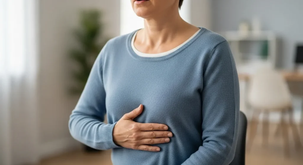 Femme debout pratiquant la respiration abdominale, une main posée sur le diaphragme, pour calmer son système nerveux.
