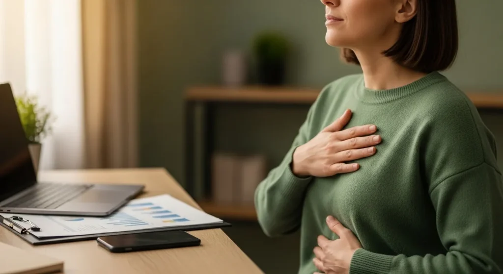 Femme épuisée, les yeux fermés, portant une pile de dossiers, un ordinateur portable, une baguette et une chaussure d'enfant tout en étant au téléphone, illustrant le poids de la charge mentale et du stress quotidien dans un intérieur domestique