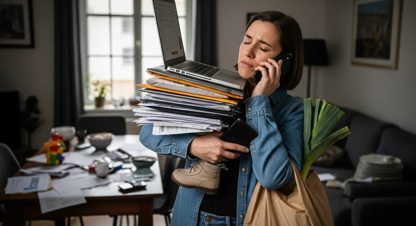 Femme épuisée par la charge mentale jonglant entre travail, courses et vie de famille, illustrant le risque de burn-out.