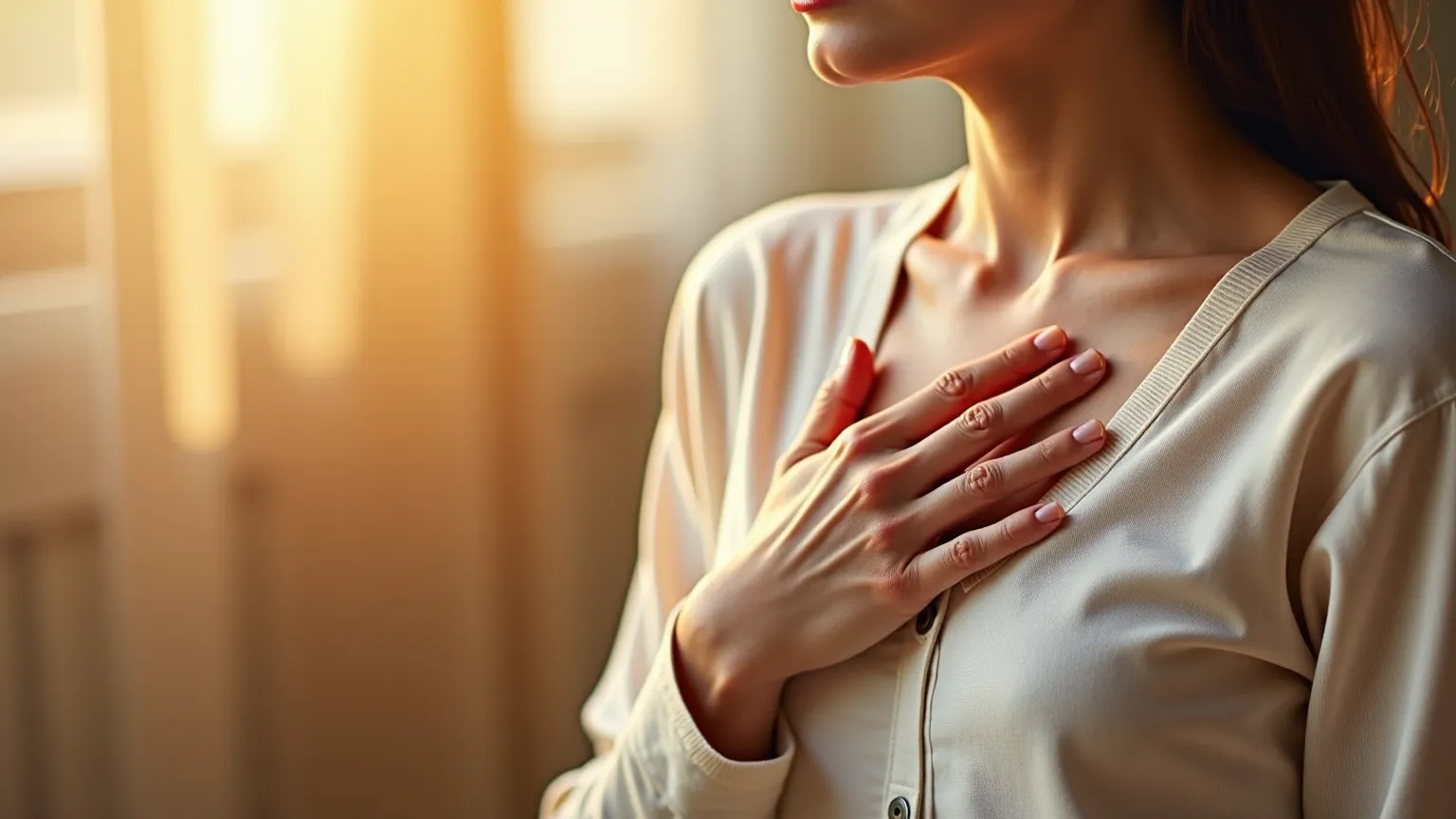 Femme apaisant ses tensions et son anxiété main sur le cœur sophrologie Lyon.