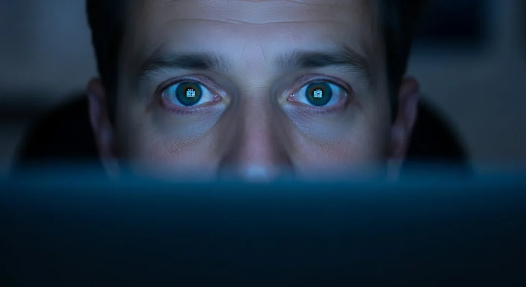 Gros plan sur le regard fixe et fatigué d'un homme devant un écran lumineux en pleine nuit, illustrant l'insomnie liée au stress et à l'hyperconnexion professionnelle.