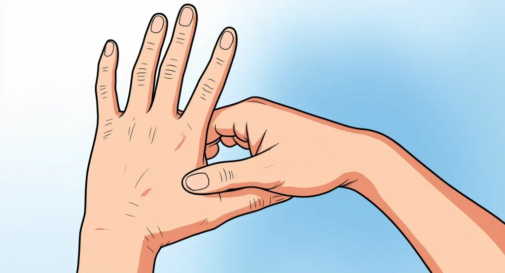Illustration montrant comment masser le point d'acupression Hegu, situé dans le creux entre le pouce et l'index, pour relâcher le haut du corps