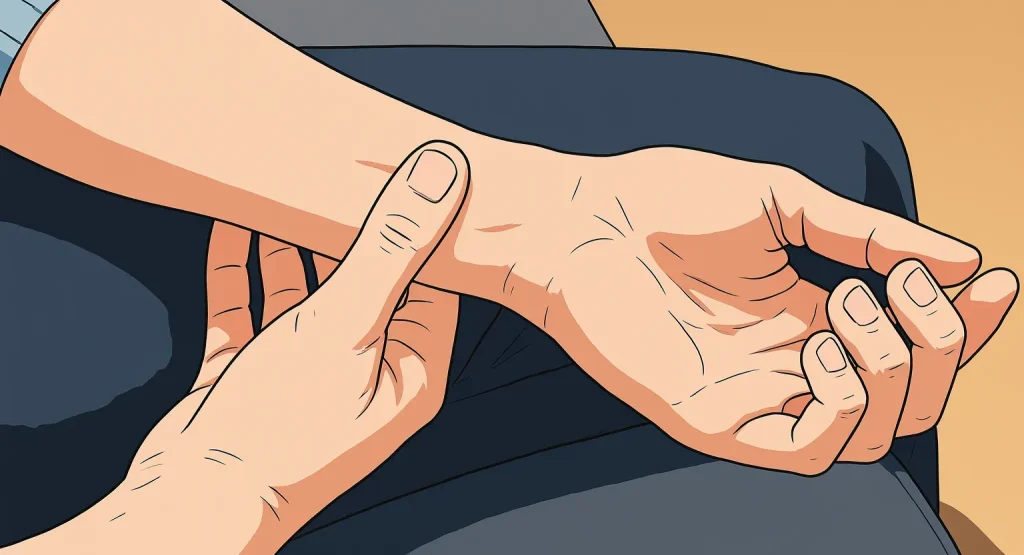 Schéma anatomique montrant l'emplacement et le massage du point d'acupression Neiguan, situé sur la face interne de l'avant-bras, pour calmer le cœur