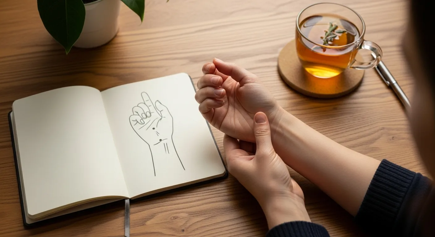 Mains effectuant un auto-massage du poignet à côté d'un carnet ouvert montrant un schéma de point d'acupression et d'une tasse de thé