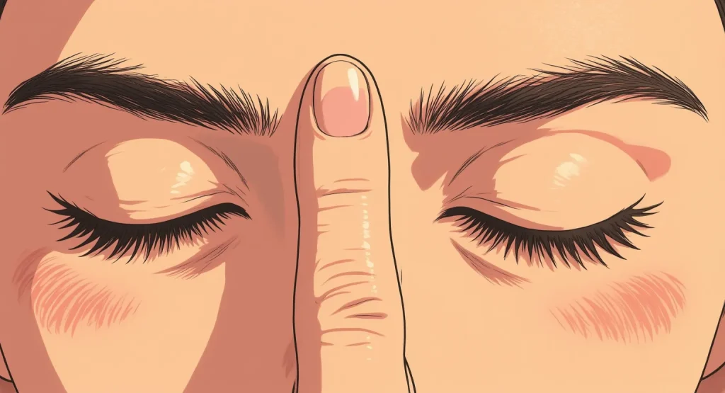 Illustration d'un doigt exerçant une pression douce et circulaire sur le point Yintang, situé entre les sourcils, pour stopper les ruminations