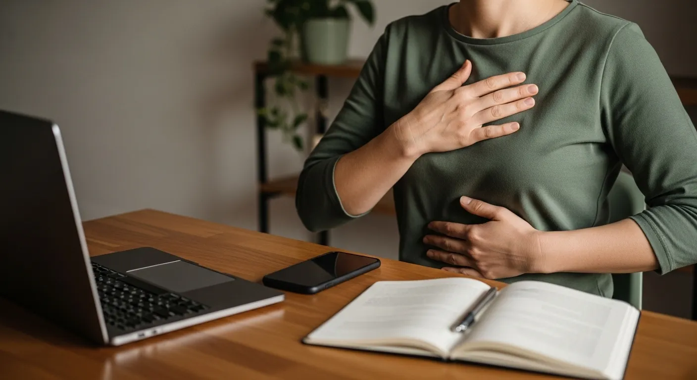 Femme assise à son bureau devant un ordinateur, prenant une pause avec une main posée sur la poitrine pour respirer profondément et calmer la pression mentale.