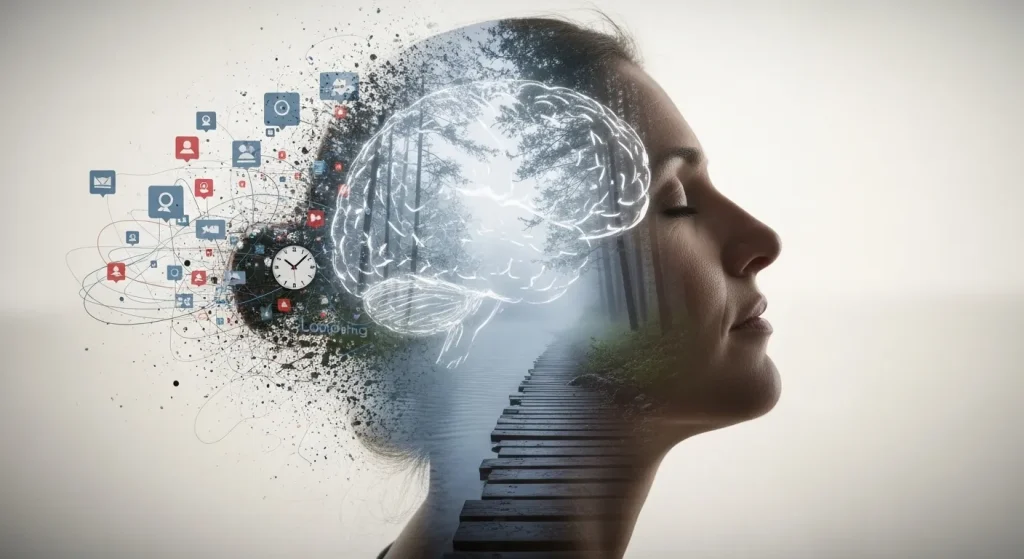 Illustration artistique d'une femme apaisée : le chaos des notifications numériques dans sa tête laisse place à une forêt calme, symbolisant l'effet de la sophrologie.