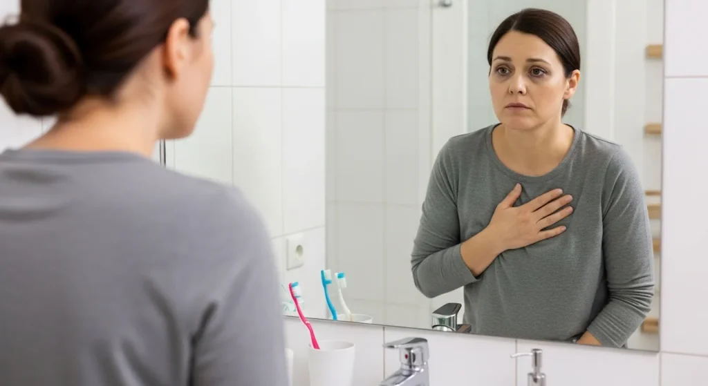 Femme inquiète se regardant dans un miroir, la main sur la poitrine, illustrant les signes physiques d'alerte du stress chronique comme les palpitations et l'anxiété.