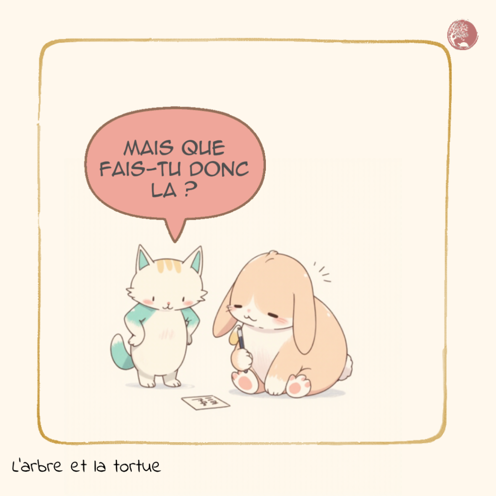 Le Chat demande au Lapin : « Mais que fais-tu donc là ? ». Le Lapin se prépare à écrire. Introduction ludique à l'exercice d'auto-observation.