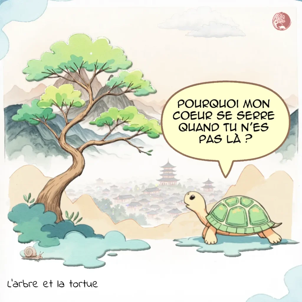 Illustration BD Arbre et Tortue. La tortue demande : « Pourquoi mon cœur se serre quand tu n'es pas là ? ». Représentation de la douleur somatique du manque