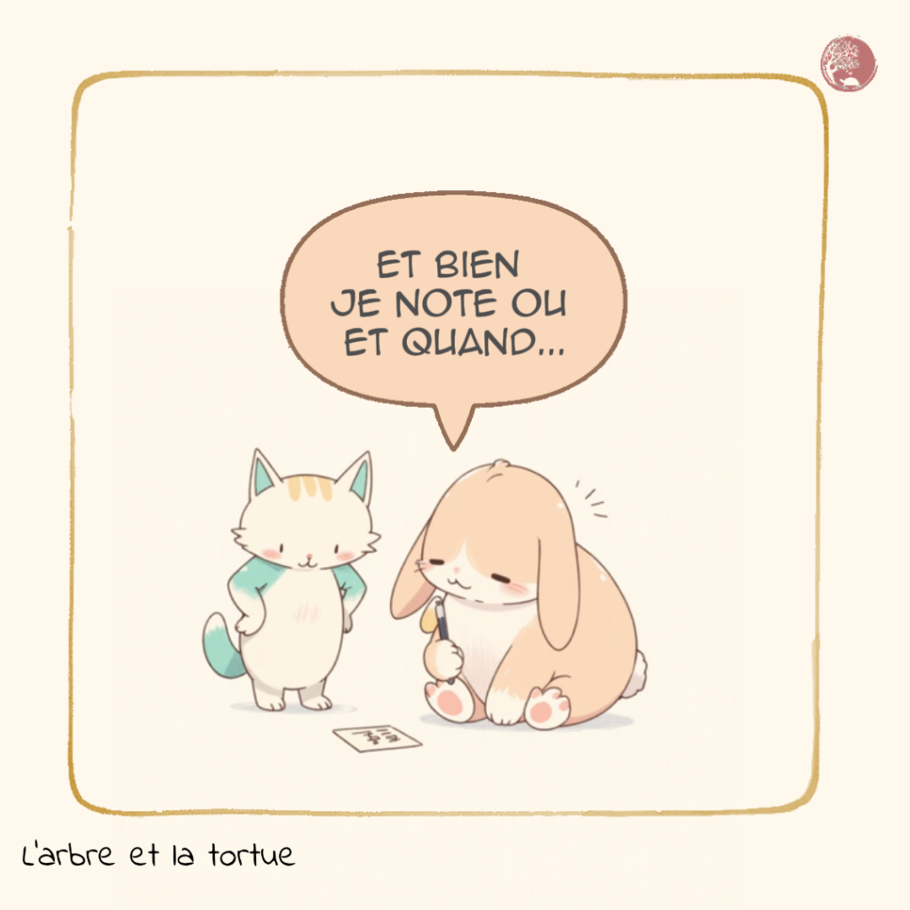 Le Lapin répond : « Et bien je note OÙ et QUAND... ». Illustration de la technique consistant à localiser l'émotion dans le corps et le temps.