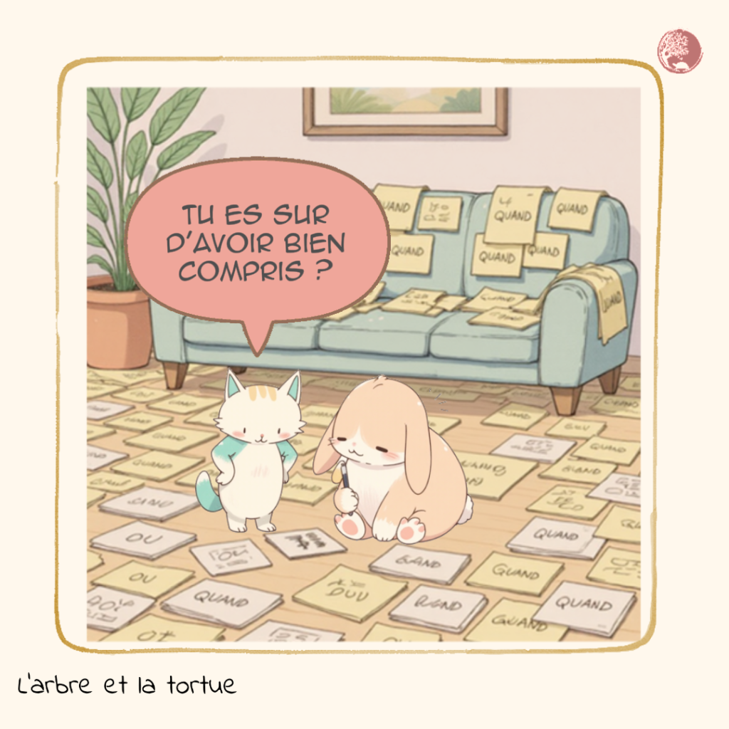 Le Chat demande : « Tu es sûr d'avoir bien compris ? ». Le Lapin a collé des post-its « QUAND » et « OÙ » partout sur le canapé et le sol. Illustration de la sur-analyse.