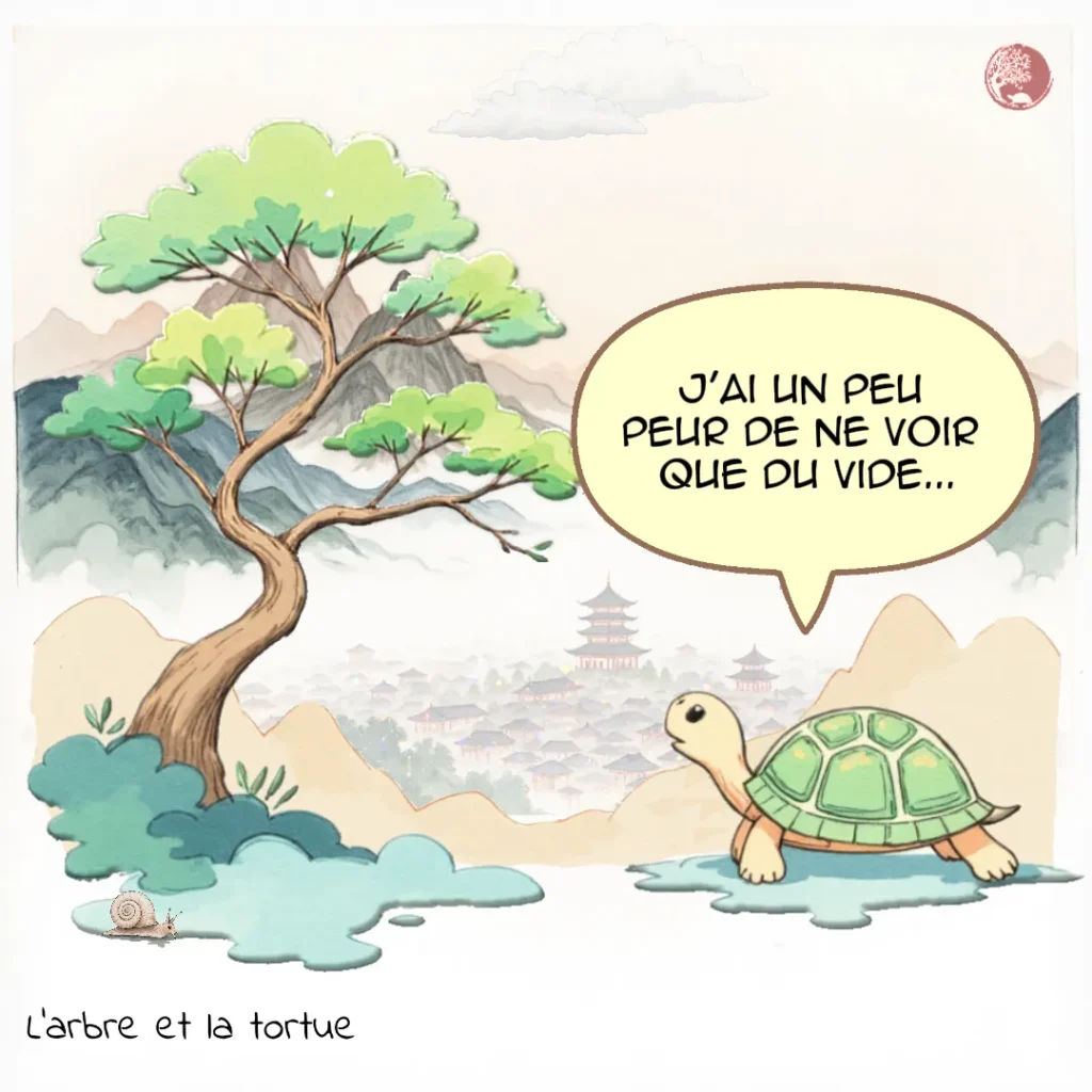 La Tortue avoue à l'Arbre : « J'ai un peu peur de ne voir que du vide... ». Illustration de l'angoisse de la solitude après une perte.