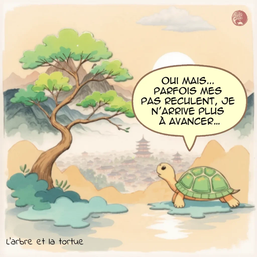 La Tortue insiste sur son blocage : « Oui mais... parfois mes pas reculent, je n'arrive plus à avancer... ». Illustration du sentiment de régression et de découragement face aux obstacles.