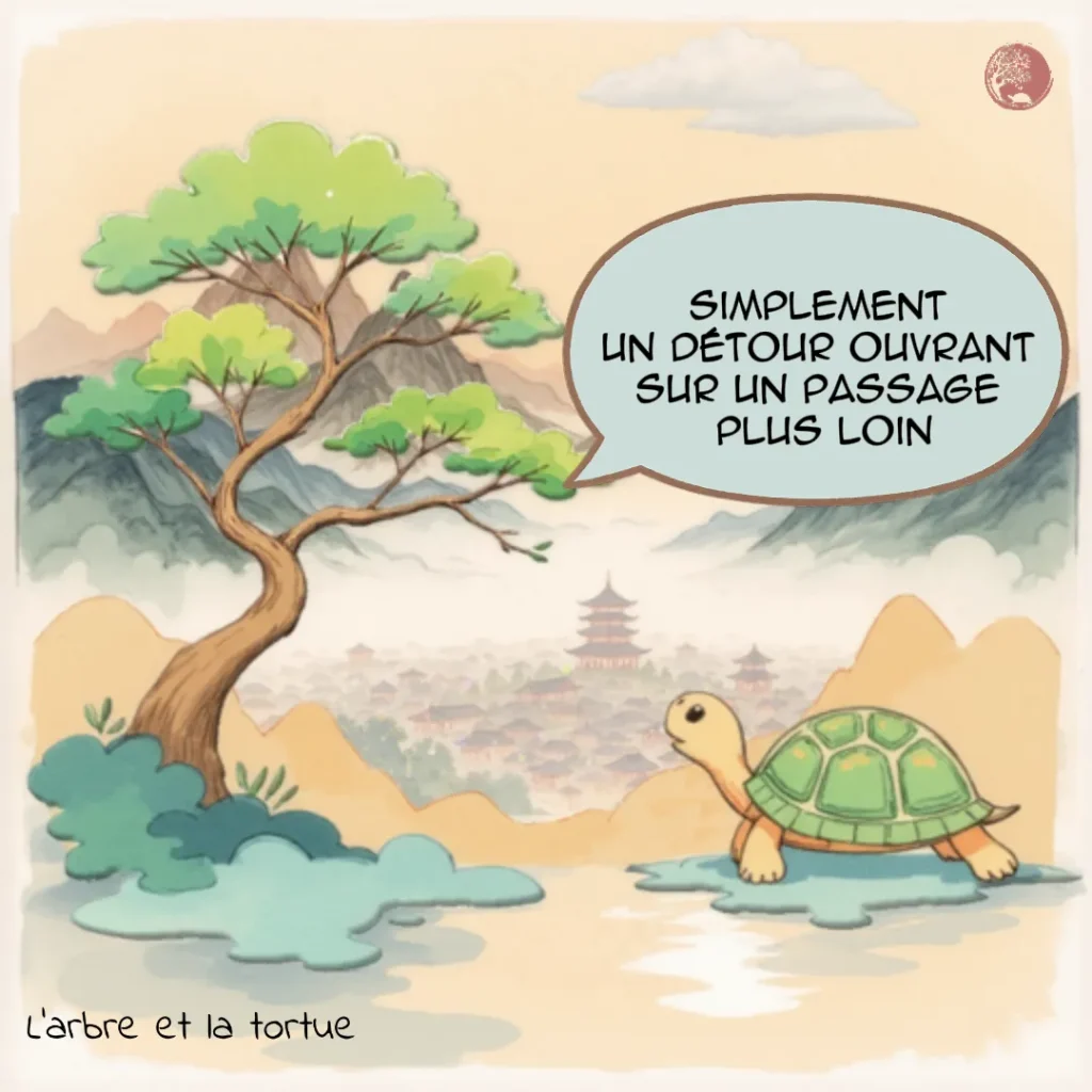L'Arbre rassure la Tortue : « Simplement un détour ouvrant sur un passage plus loin ». Vision positive de l'erreur comme une redirection vers une nouvelle opportunité.