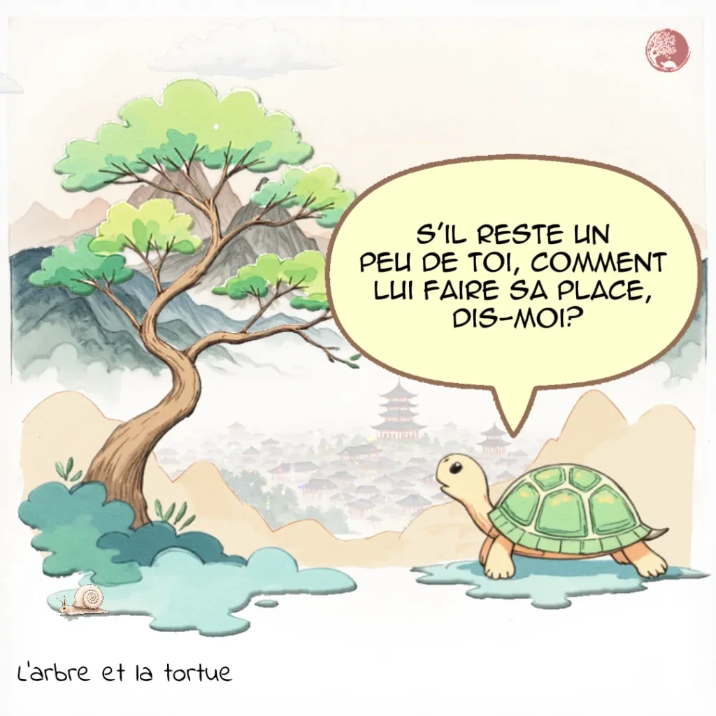 La Tortue demande conseil : « S'il reste un peu de toi, comment lui faire sa place, dis-moi ? ». Comment vivre avec le souvenir au quotidien.