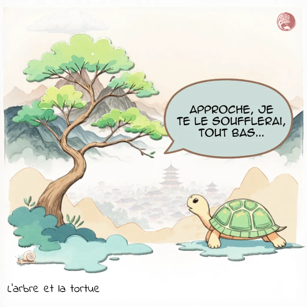 Conclusion du dialogue. L'Arbre murmure à la Tortue : « Approche, je te le soufflerai tout bas... ». Invitation à l'écoute intérieure.