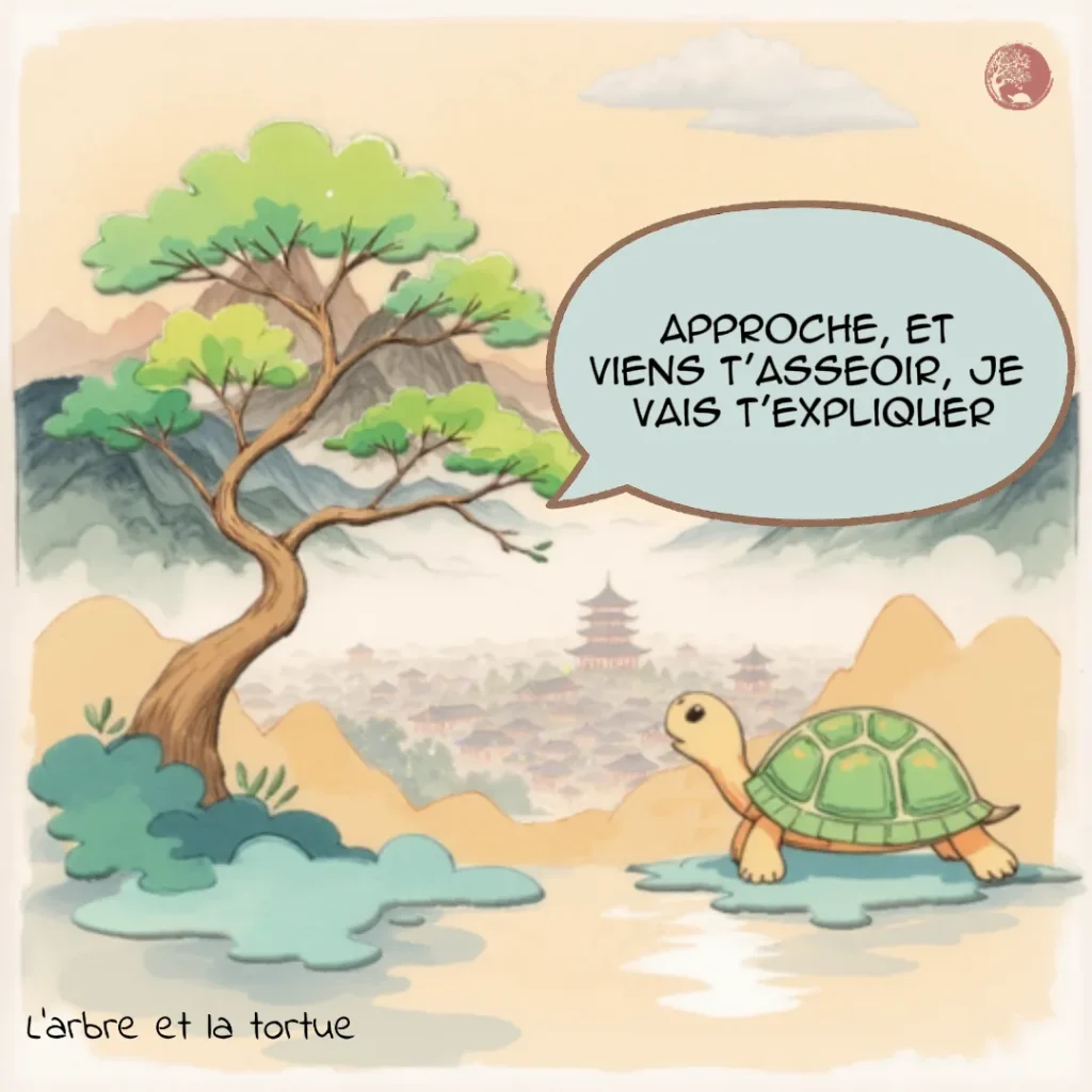 L'Arbre invite doucement la Tortue : « Approche, et viens t'asseoir, je vais t'expliquer ». Conclusion bienveillante ouvrant sur l'écoute et l'analyse.
