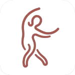 Pictogramme d'une silhouette humaine effectuant un étirement fluide et circulaire, symbolisant les exercices de relaxation douce et le respect du corps.