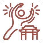 Pictogramme d'une silhouette pratiquant un mouvement de Qi Gong avec une pagode chinoise en arrière-plan, illustrant la formation suivie par Sylvain Vallette au Shanghai Qi Gong Institute.