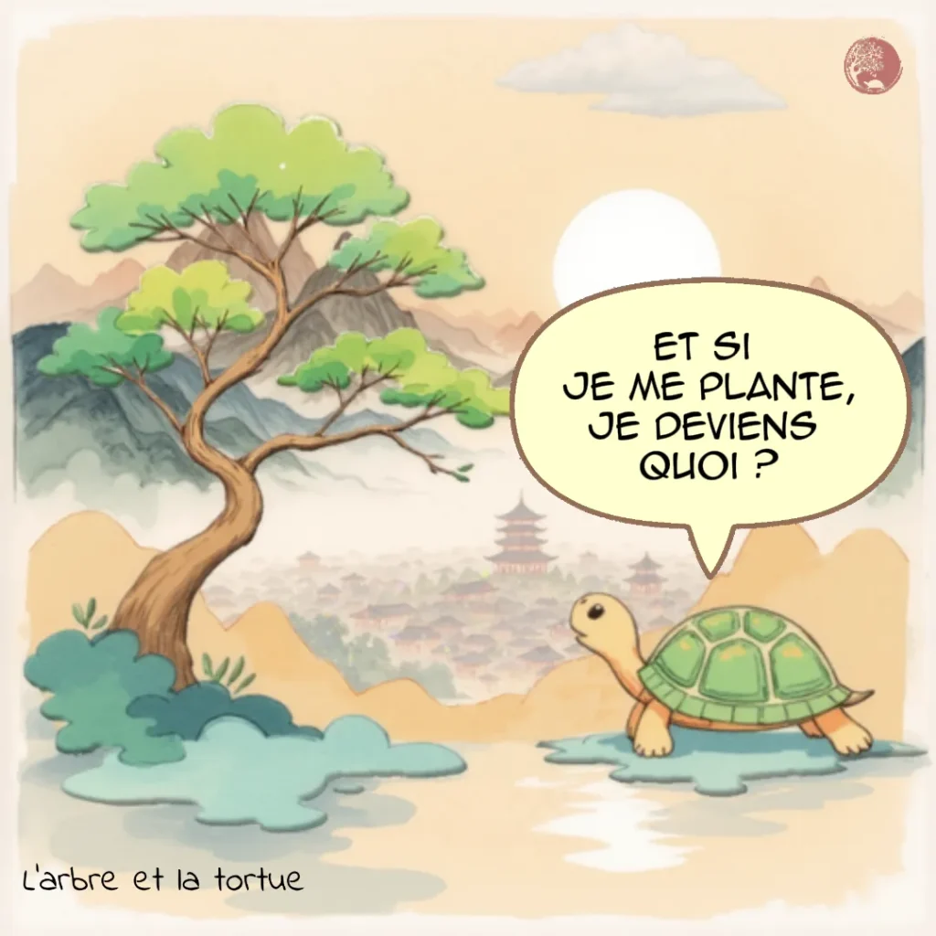 Illustration style BD de l'Arbre et la Tortue. La tortue demande : « Pourquoi ai-je si peur d'échouer ? ». Image d'ouverture du dossier sur la résilience et l'acceptation de l'erreur.